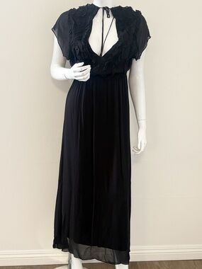 The Kooples Crazy Flounces Black Sleeveless Tie-front Maxi Dress w Ruffle Detail